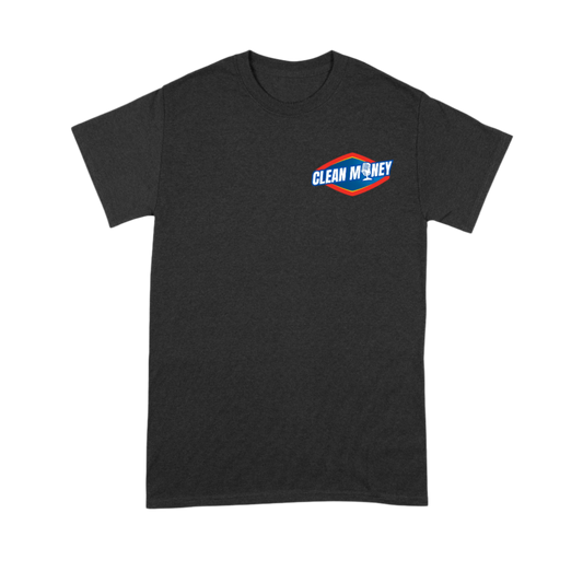 Black t-shirt with 'Clean Money' logo on a white background